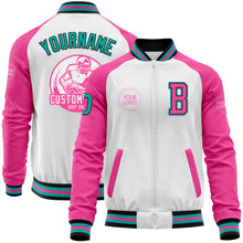 Load image into Gallery viewer, Custom White Aqua Black-Pink Bomber Varsity Letterman Two Tone Zipper Jacket