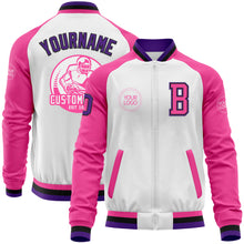 Load image into Gallery viewer, Custom White Purple Black-Pink Bomber Varsity Letterman Two Tone Zipper Jacket
