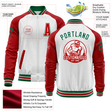 Load image into Gallery viewer, Custom White Kelly Green-Red Bomber Varsity Letterman Two Tone Zipper Jacket