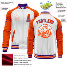 Load image into Gallery viewer, Custom White Purple-Orange Bomber Varsity Letterman Two Tone Zipper Jacket