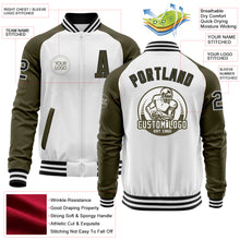 Load image into Gallery viewer, Custom White Black-Olive Bomber Varsity Letterman Two Tone Zipper Jacket