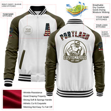 Load image into Gallery viewer, Custom White Vintage USA Flag Black-Olive Bomber Varsity Letterman Two Tone Zipper Jacket
