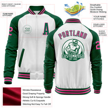 Load image into Gallery viewer, Custom White Pink-Kelly Green Bomber Varsity Letterman Two Tone Zipper Jacket