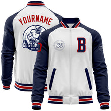 Load image into Gallery viewer, Custom White Red-Navy Bomber Varsity Letterman Two Tone Zipper Jacket