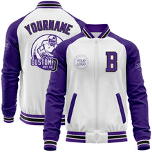 Load image into Gallery viewer, Custom White Black-Purple Bomber Varsity Letterman Two Tone Zipper Jacket