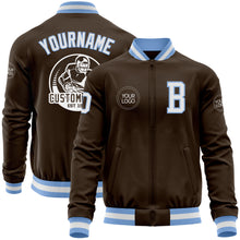 Load image into Gallery viewer, Custom Brown White-Light Blue Bomber Varsity Letterman Zipper Jacket