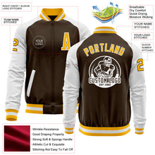 Load image into Gallery viewer, Custom Brown Gold-White Bomber Varsity Letterman Two Tone Zipper Jacket