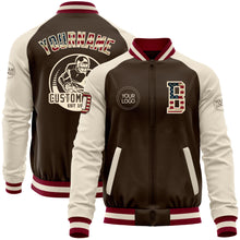 Load image into Gallery viewer, Custom Brown Vintage USA Flag Cream-Maroon Bomber Varsity Letterman Two Tone Zipper Jacket