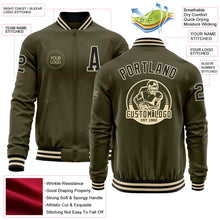 Load image into Gallery viewer, Custom Olive Black-Cream Bomber Varsity Letterman Salute To Service Zipper Jacket
