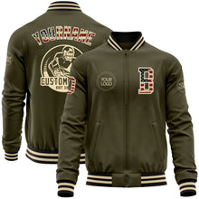 Load image into Gallery viewer, Custom Olive Vintage USA Flag Cream-Black Bomber Varsity Letterman Salute To Service Zipper Jacket