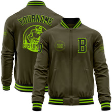 Load image into Gallery viewer, Custom Olive Black-Neon Green Bomber Varsity Letterman Salute To Service Zipper Jacket