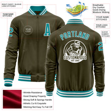 Load image into Gallery viewer, Custom Olive Teal-White Bomber Varsity Letterman Salute To Service Zipper Jacket