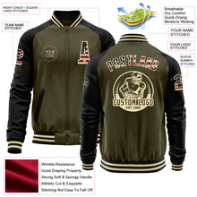 Load image into Gallery viewer, Custom Olive Vintage USA Flag Black-Cream Bomber Varsity Letterman Two Tone Salute To Service Zipper Jacket