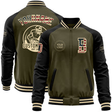 Load image into Gallery viewer, Custom Olive Vintage USA Flag Black-Cream Bomber Varsity Letterman Two Tone Salute To Service Zipper Jacket