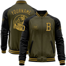 Load image into Gallery viewer, Custom Olive Old Gold-Black Bomber Varsity Letterman Two Tone Salute To Service Zipper Jacket