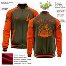 Load image into Gallery viewer, Custom Olive Black-Orange Bomber Varsity Letterman Two Tone Salute To Service Zipper Jacket