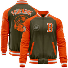 Load image into Gallery viewer, Custom Olive White-Orange Bomber Varsity Letterman Two Tone Salute To Service Zipper Jacket