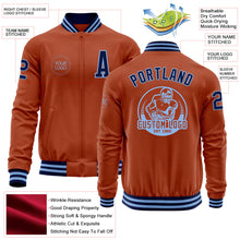 Load image into Gallery viewer, Custom Texas Orange Navy-Light Blue Bomber Varsity Letterman Zipper Jacket
