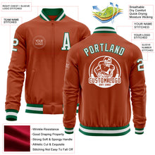 Load image into Gallery viewer, Custom Texas Orange White-Kelly Green Bomber Varsity Letterman Zipper Jacket