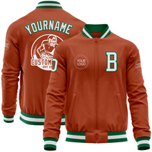 Load image into Gallery viewer, Custom Texas Orange White-Kelly Green Bomber Varsity Letterman Zipper Jacket