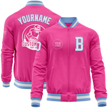 Load image into Gallery viewer, Custom Pink White-Light Blue Bomber Varsity Letterman Zipper Jacket
