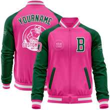Load image into Gallery viewer, Custom Pink White-Kelly Green Bomber Varsity Letterman Two Tone Zipper Jacket