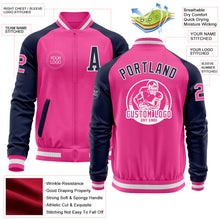 Load image into Gallery viewer, Custom Pink White-Navy Bomber Varsity Letterman Two Tone Zipper Jacket