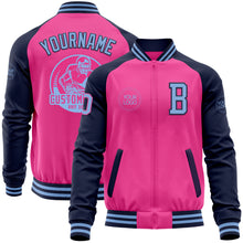 Load image into Gallery viewer, Custom Pink Light Blue-Navy Bomber Varsity Letterman Two Tone Zipper Jacket