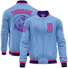 Load image into Gallery viewer, Custom Light Blue Pink Purple-Black Bomber Varsity Letterman Zipper Jacket