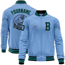 Load image into Gallery viewer, Custom Light Blue Black-Teal Bomber Varsity Letterman Zipper Jacket