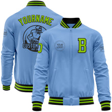 Load image into Gallery viewer, Custom Light Blue Neon Green-Black Bomber Varsity Letterman Zipper Jacket