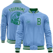 Load image into Gallery viewer, Custom Light Blue Kelly Green-White Bomber Varsity Letterman Zipper Jacket