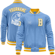Load image into Gallery viewer, Custom Light Blue White-Gold Bomber Varsity Letterman Zipper Jacket