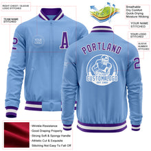 Load image into Gallery viewer, Custom Light Blue Purple-White Bomber Varsity Letterman Zipper Jacket