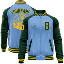 Load image into Gallery viewer, Custom Light Blue Gold-Green Bomber Varsity Letterman Two Tone Zipper Jacket