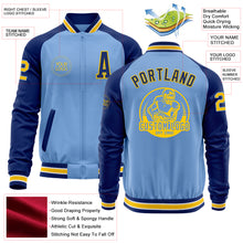 Load image into Gallery viewer, Custom Light Blue Yellow-Royal Bomber Varsity Letterman Two Tone Zipper Jacket