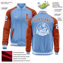 Load image into Gallery viewer, Custom Light Blue White-Texas Orange Bomber Varsity Letterman Two Tone Zipper Jacket