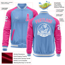 Load image into Gallery viewer, Custom Light Blue White-Pink Bomber Varsity Letterman Two Tone Zipper Jacket