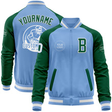 Load image into Gallery viewer, Custom Light Blue White-Kelly Green Bomber Varsity Letterman Two Tone Zipper Jacket