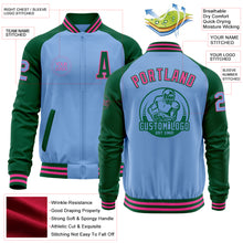Load image into Gallery viewer, Custom Light Blue Pink-Kelly Green Bomber Varsity Letterman Two Tone Zipper Jacket