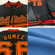 Load image into Gallery viewer, Custom Light Blue Orange-Navy Bomber Varsity Letterman Two Tone Zipper Jacket