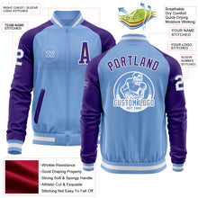 Load image into Gallery viewer, Custom Light Blue White-Purple Bomber Varsity Letterman Two Tone Zipper Jacket