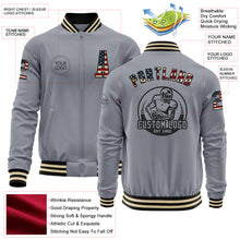 Load image into Gallery viewer, Custom Gray Vintage USA Flag Black-Cream Bomber Varsity Letterman Zipper Jacket