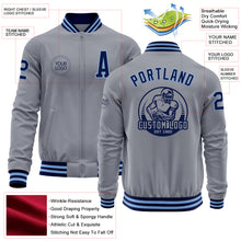 Load image into Gallery viewer, Custom Gray Navy-Light Blue Bomber Varsity Letterman Zipper Jacket