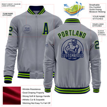 Load image into Gallery viewer, Custom Gray Navy-Neon Green Bomber Varsity Letterman Zipper Jacket
