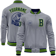 Load image into Gallery viewer, Custom Gray Navy-Neon Green Bomber Varsity Letterman Zipper Jacket