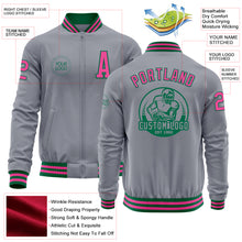 Load image into Gallery viewer, Custom Gray Pink-Kelly Green Bomber Varsity Letterman Zipper Jacket