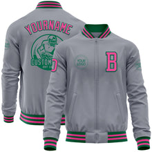Load image into Gallery viewer, Custom Gray Pink-Kelly Green Bomber Varsity Letterman Zipper Jacket