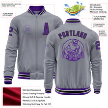 Load image into Gallery viewer, Custom Gray Purple-Black Bomber Varsity Letterman Zipper Jacket