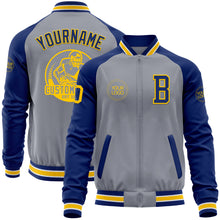 Load image into Gallery viewer, Custom Gray Yellow-Royal Bomber Varsity Letterman Two Tone Zipper Jacket
